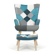 Relaxační křeslo s podnožkou PATCHWORK, modrá