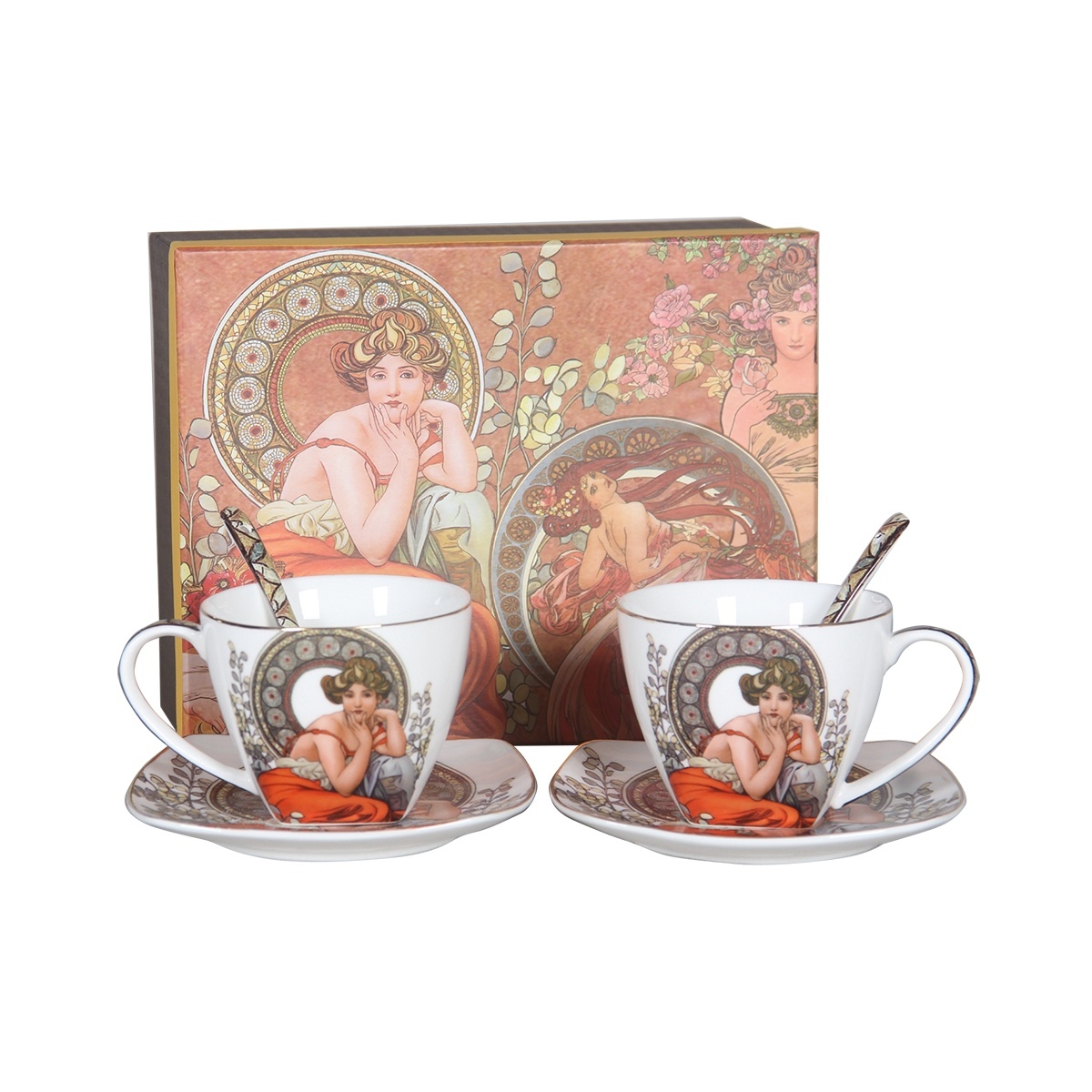 Dárková sada porcelánového šálku s podšálkem a lžičkou Alfons Mucha, 2 ks