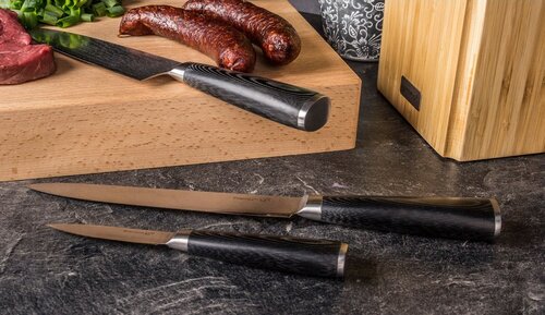 Súprava nožov G21 Damascus Premium v ​​bambusovom bloku, Box, 3 ks + brúsny kameň