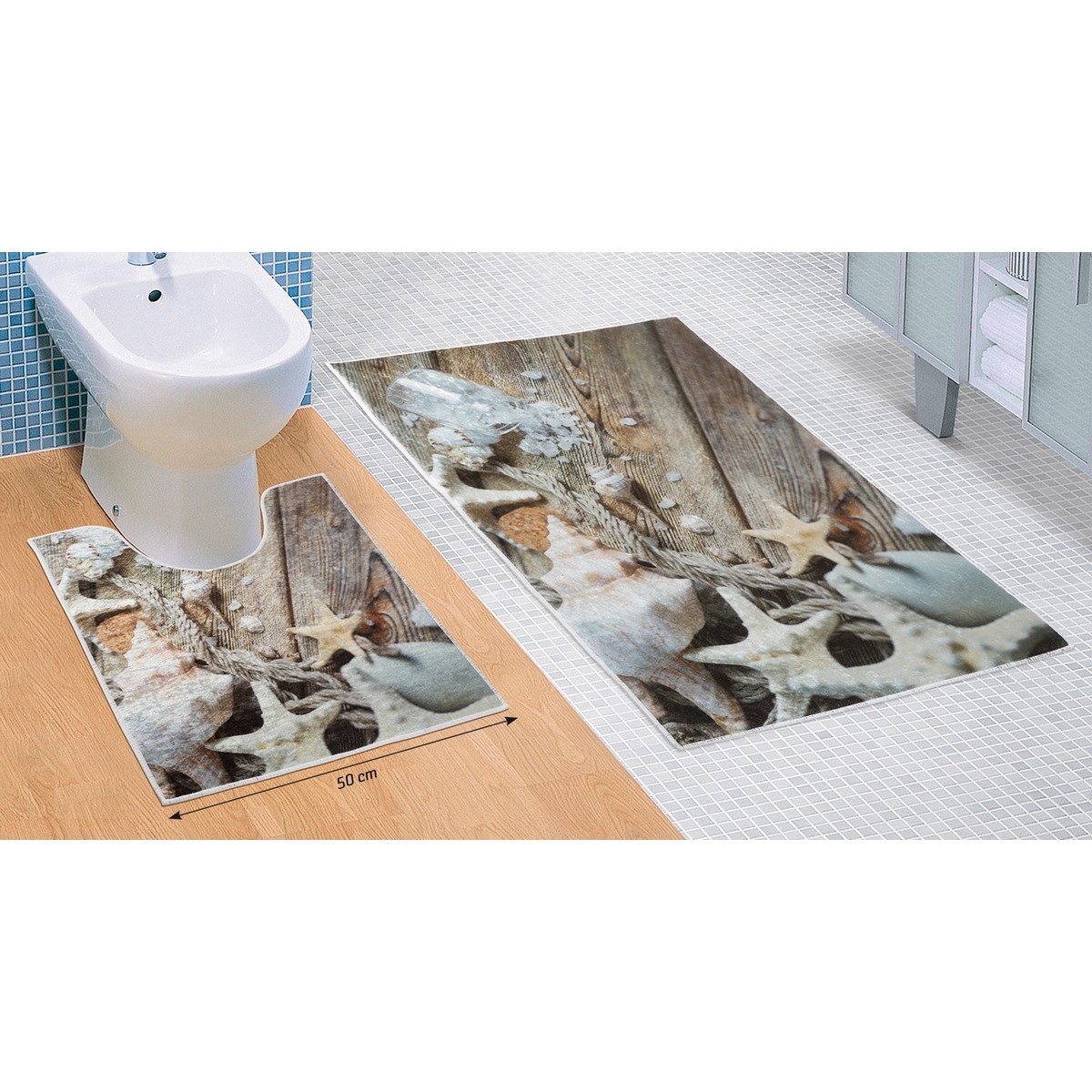 Poza Set de covorase de baie Scoici de mare 3D, 60 x 100 cm, 50 x 60 cm