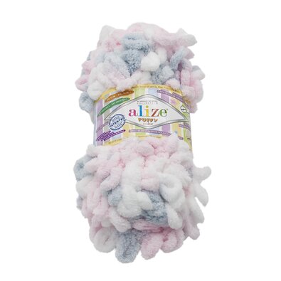 Пряжа PUFFY color білий, сірий, світло-рожевий, 100 г / 9 м