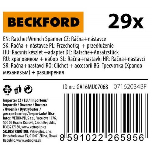 Beckford racsnis dugókulcs készlet, 29 db