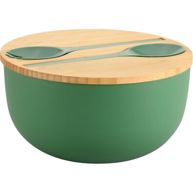 Kesper 58471 Miska sałatkowa z sztućcami ibambusową pokrywką 24 cm, zielona