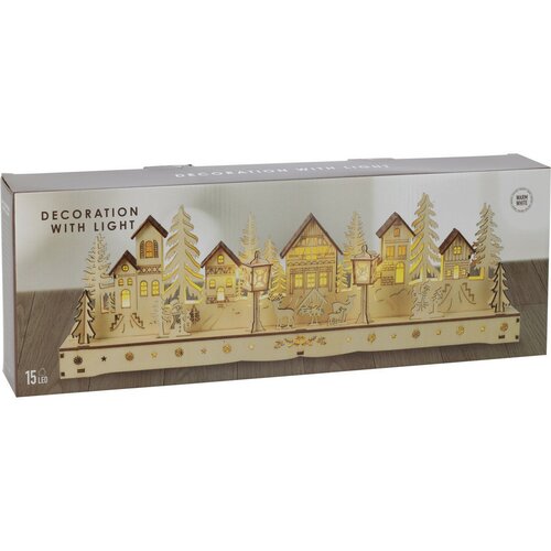 Vánoční svítící vesnička, 15 LED, 45 x 5,8 x 15 cm, přírodní, dřevo