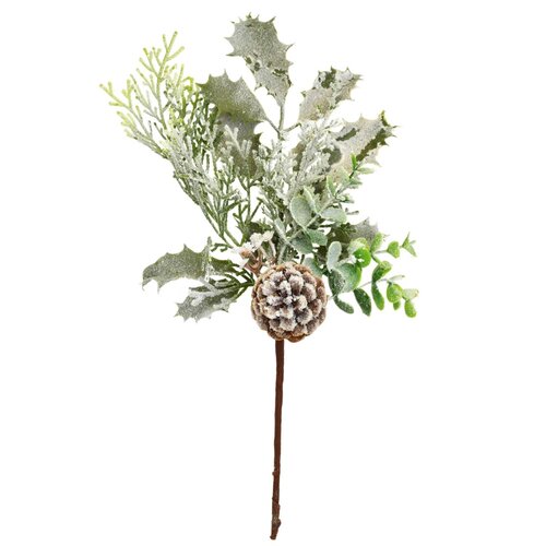 Zimowa gałąź ze szronem i szyszką, 35 cm