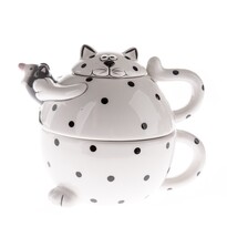 Keramische Teekanne mit Tasse Katze, schwarzer Punkt