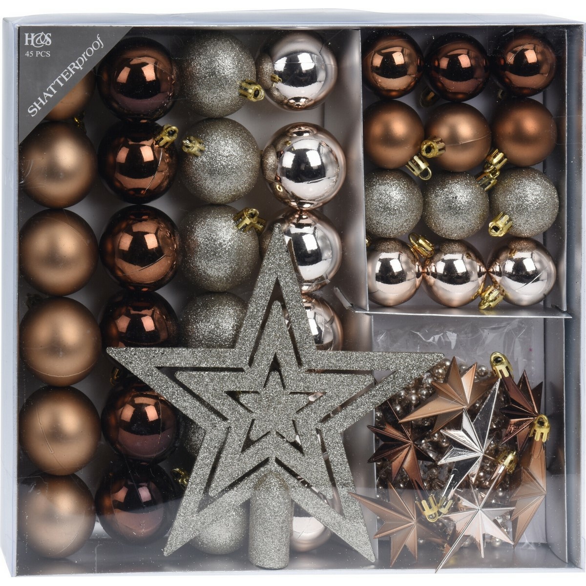 Kinekus Hnedé vianočné gule, girlanda, hviezdy + špic, plastová, sada 45 ks, amber