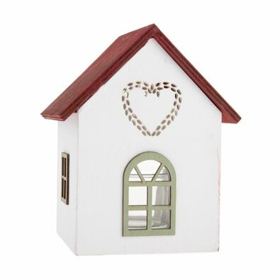 Leseni svečnik s stekleno hiško s srčkom, 15 cm,rdeč