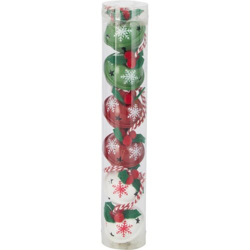 Sada 6 ks vánočních rolniček Snowflakes, pr. 4 cm, červená-zelená-bílá, kov
