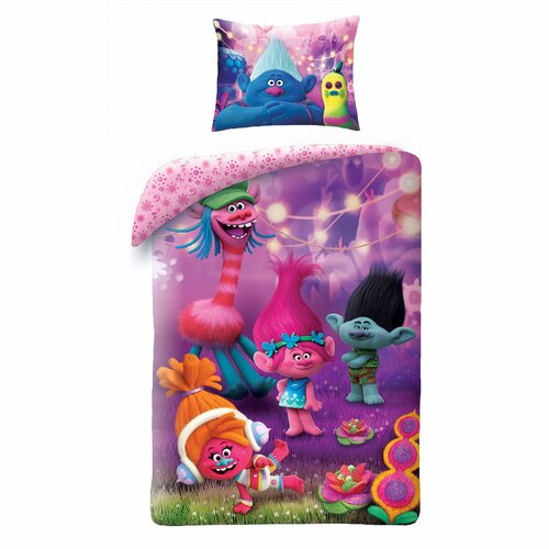 Lenjerie de pat din bumbac, pentru copii, Trolls, violet, 140 x 200 cm, 70 x 90 cm