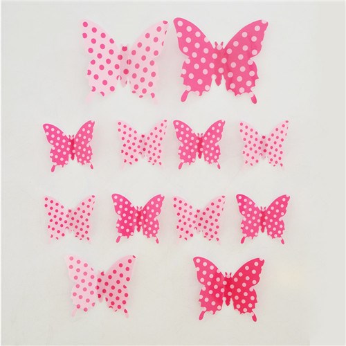 Samolepiace 3D motýle ružová bodka, 12 ks,