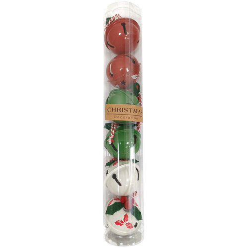6 darab Holly karácsonyi csengő szett, átmérő 5cm, piros-zöld-fehér, fém