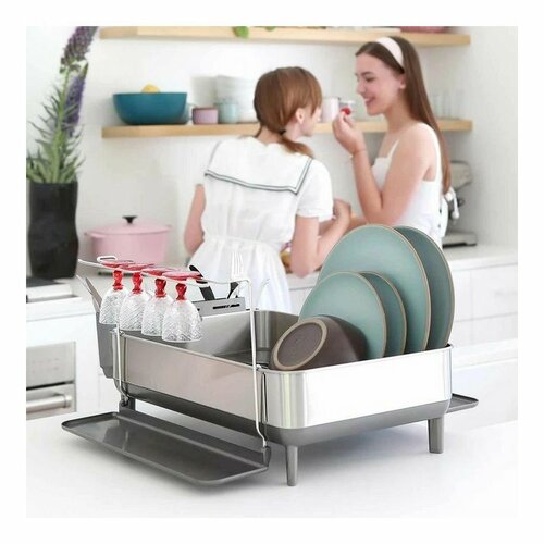 Simplehuman Geschirrabtropfer mit Glashalter, Edelstahlrahmen, grau