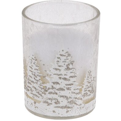 Sklenený svietnik so sviečkou Zimná krajina 10,5 cm, biela