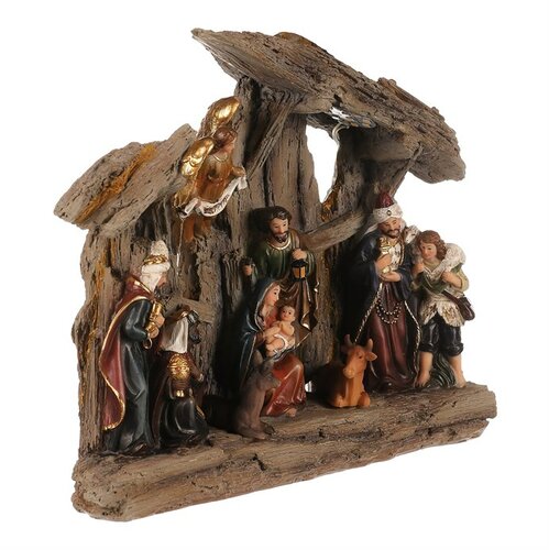 Vánoční dekorace Betlém se třemi králi a andělem, polyresin, LED, hnědá, 20x23x7cm