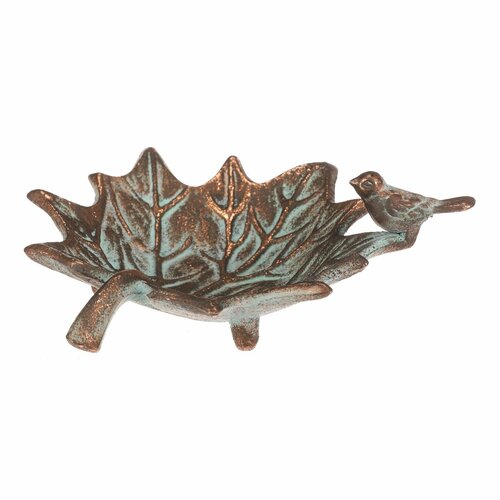 Metalltränke Ahornblatt mit Vogel Romance, 17 x 16 x 6 cm, kupferfarben