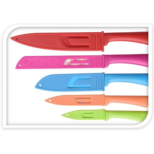 Set 5 buc cuţite cu huse şi 4 blaturi tăiere, mix de culori