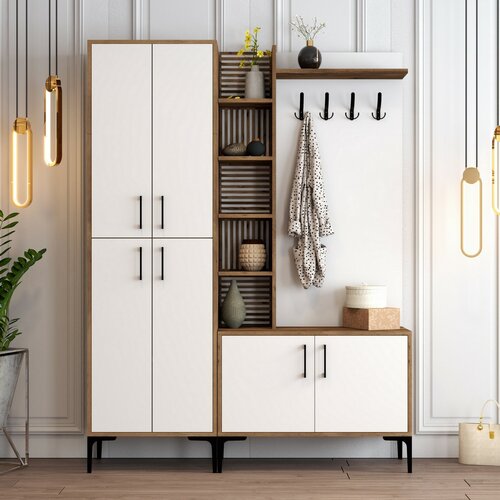 Wieszak z półką na buty, półkami i szafką Viyana Walnut and White