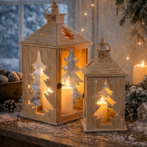 Holzlaternen-Set „Weihnachtsbaum“, 2 Stück, naturfarben