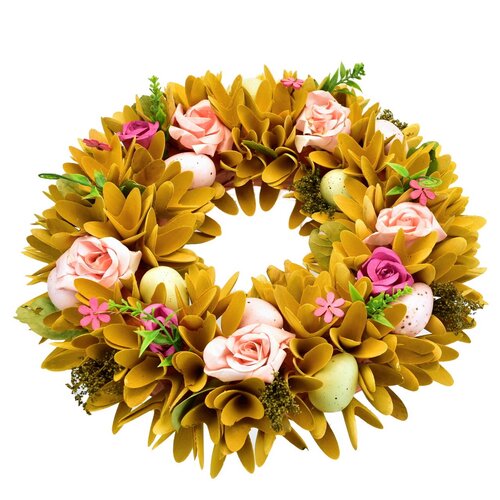 Tavaszi koszorú fából készült forgácsokból,rózsákkal, 30 cm
