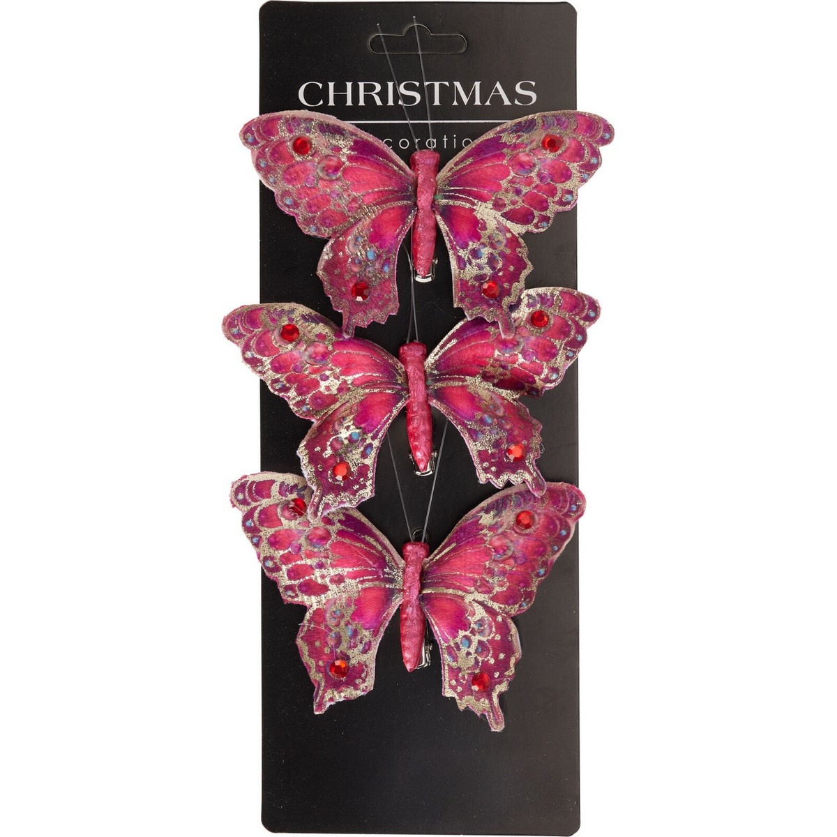Sada vánočních ozdob Motýli, červená, 12x8x2cm, s klipem, SADA 3 KS