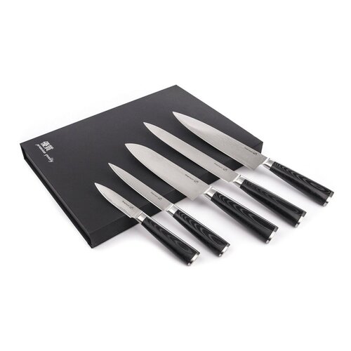 Set de cuțite G21 Damascus Premium în bloc debambus, cutie, 5 bucăți + piatră de ascuțit