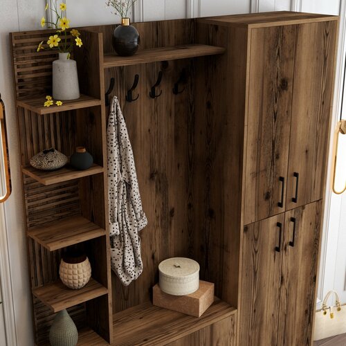 Wieszak z szafką na buty, półkami i szafą Viyana Walnut