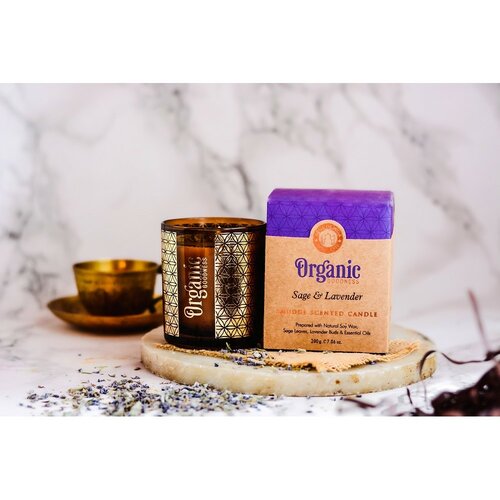 Lumânare aromată organică Sage & Lavender 200 g în sticlă cu folie aurie