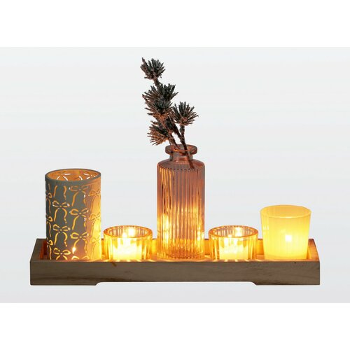 Gyertyatartó szett fa tálcán Winter Time, 6 db,10,5 x 32,5 cm