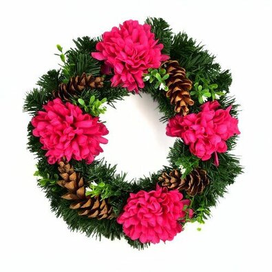 Coroniță de Ziua morților cu crizanteme 30 cm,roșu