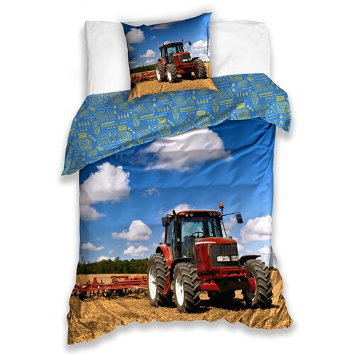 Lenjerie de pat din bumbac pentru copii Tractor pe câmp, 140 x 200 cm, 70 x 90 cm