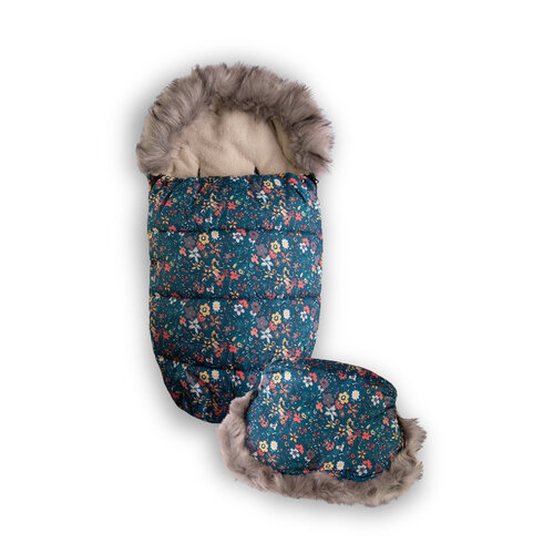 Footmuff cu manșon, albastru închis cu model floral, 100 cm