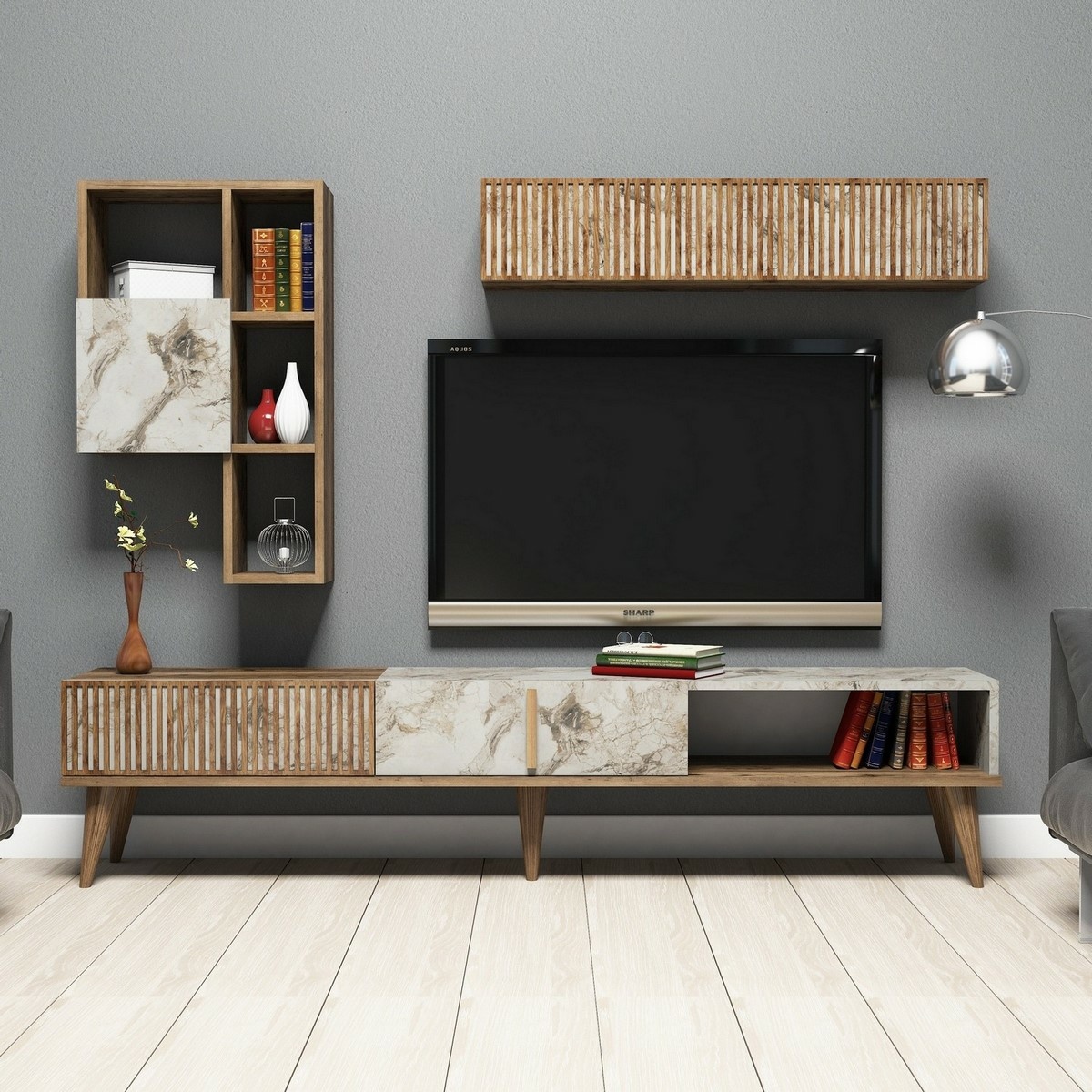 Televízna stena Milan Walnut and White Marble