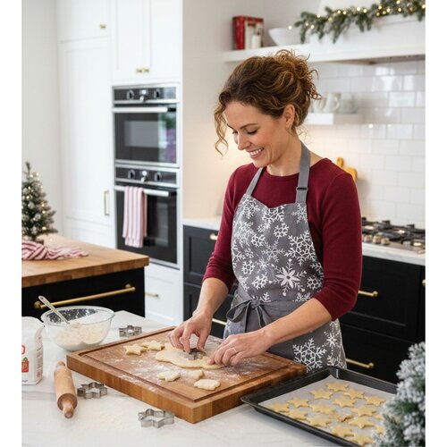 Vianočná kuchynská zástera Vločky sivá, 70 x 90 cm