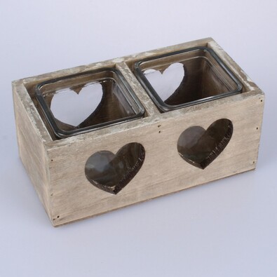 Podwójny świecznik drewniany ze szkłem serce