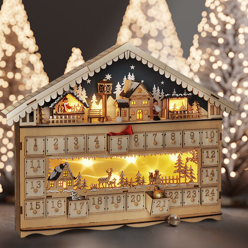Calendar de Advent cu LED-uri Solight „Cabana de munte”, 10 LED-uri, 50 x 40 cm, 2 baterii AA