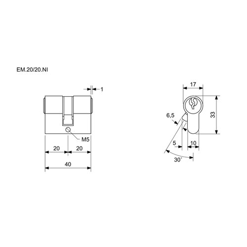 Cilidru  construcție Richter EM.20/20.NI scurt 20+20 mm, 3 chei