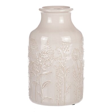 Waza ceramiczna z motywem kwiatów polnych, beżowa,średnica 19 cm x 31 cm