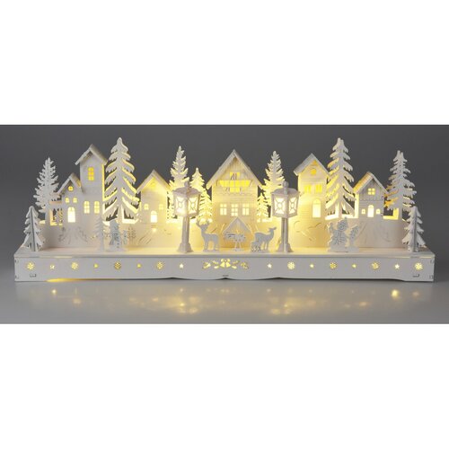 Vánoční svítící vesnička, 15 LED, 45 x 5,8 x 15 cm, bílá, dřevo