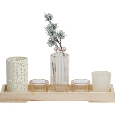 Gyertyatartó szett fa tálcán Winter Time, 6 db,10,5 x 32,5 cm