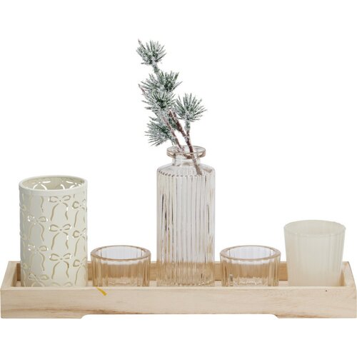 Gyertyatartó szett fa tálcán Winter Time, 6 db,10,5 x 32,5 cm