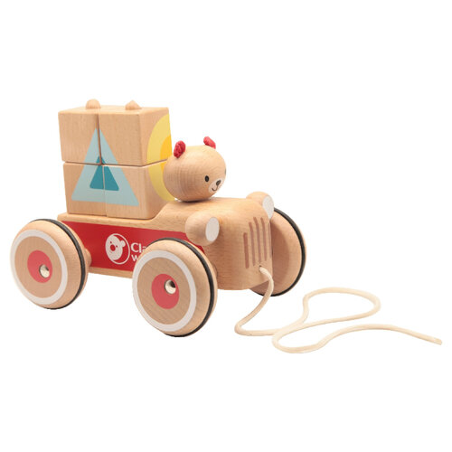 Mașină de tras Classic world, din lemn,cu ursuleț Coco și cuburi Classic Pentru copii