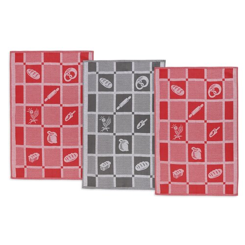 Prosop de bucătărie patchwork, roșu cu gri, 50 x 70 cm, set 3 buc.