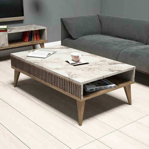 Couchtisch Mila White Marble and Walnut