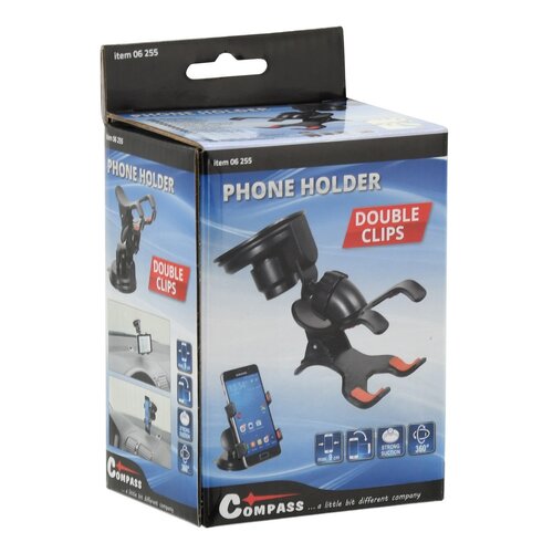 Suport pentru telefon / GPS pe ventuză Compas Double Clips, negru