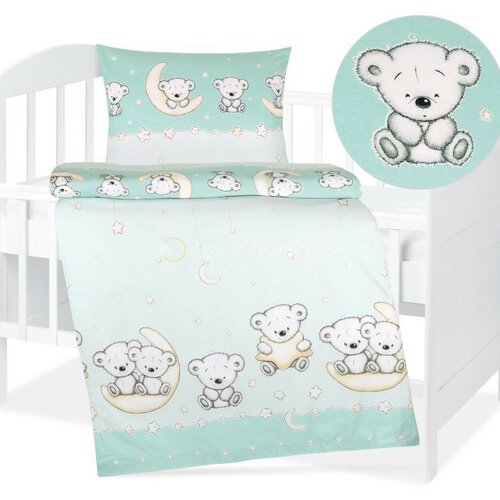 Lenjerie de pat pentru pătuț Bellatex Cotton AgataBear mint, 90 x 135 cm, 45 x 60 cm