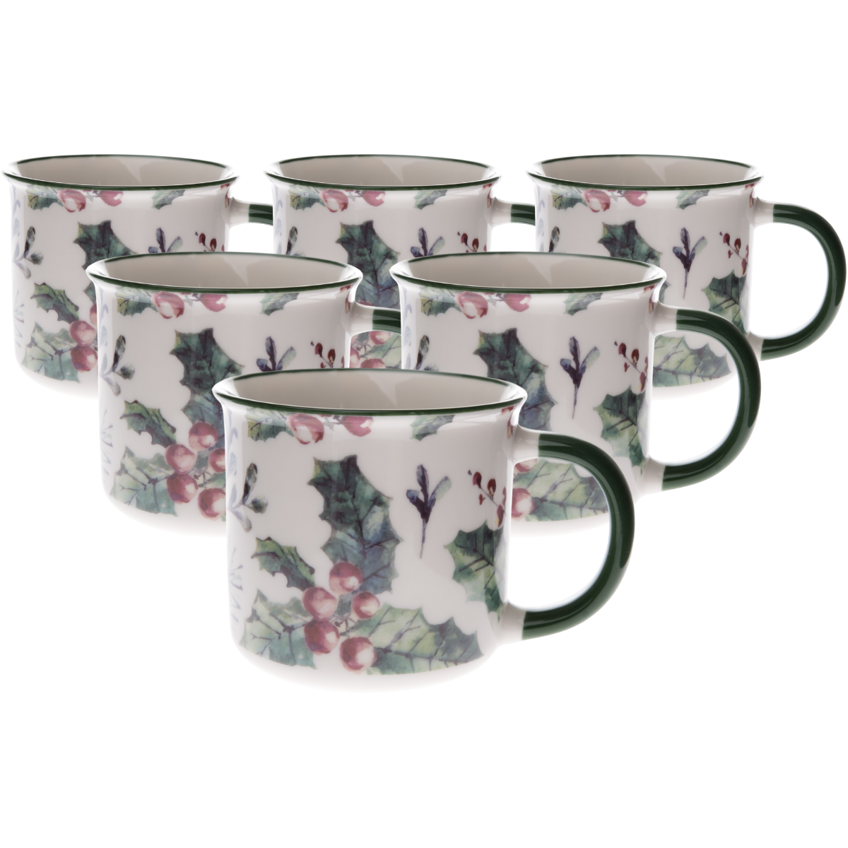 Zestaw 6 porcelanowych kubków Bożonarodzeniowa ostrokrzew 300 ml, 300 ml