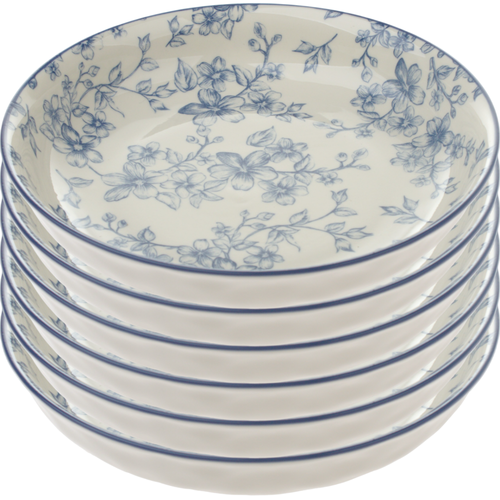 Set mit 6 tiefen Tellern Zarte Blüten 20 cm, blau