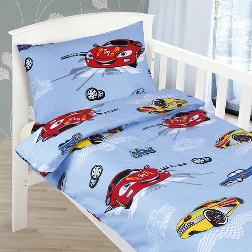 Poza Lenjerie de pat din bumbac, pentru copii, AgataMasini de curse, albastru, 90 x 135 cm, 45 x 60 cm