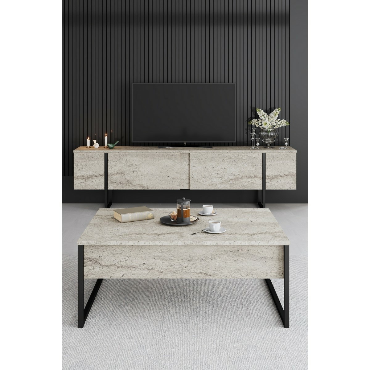 Televízny stolík Luxe Travertine and Black